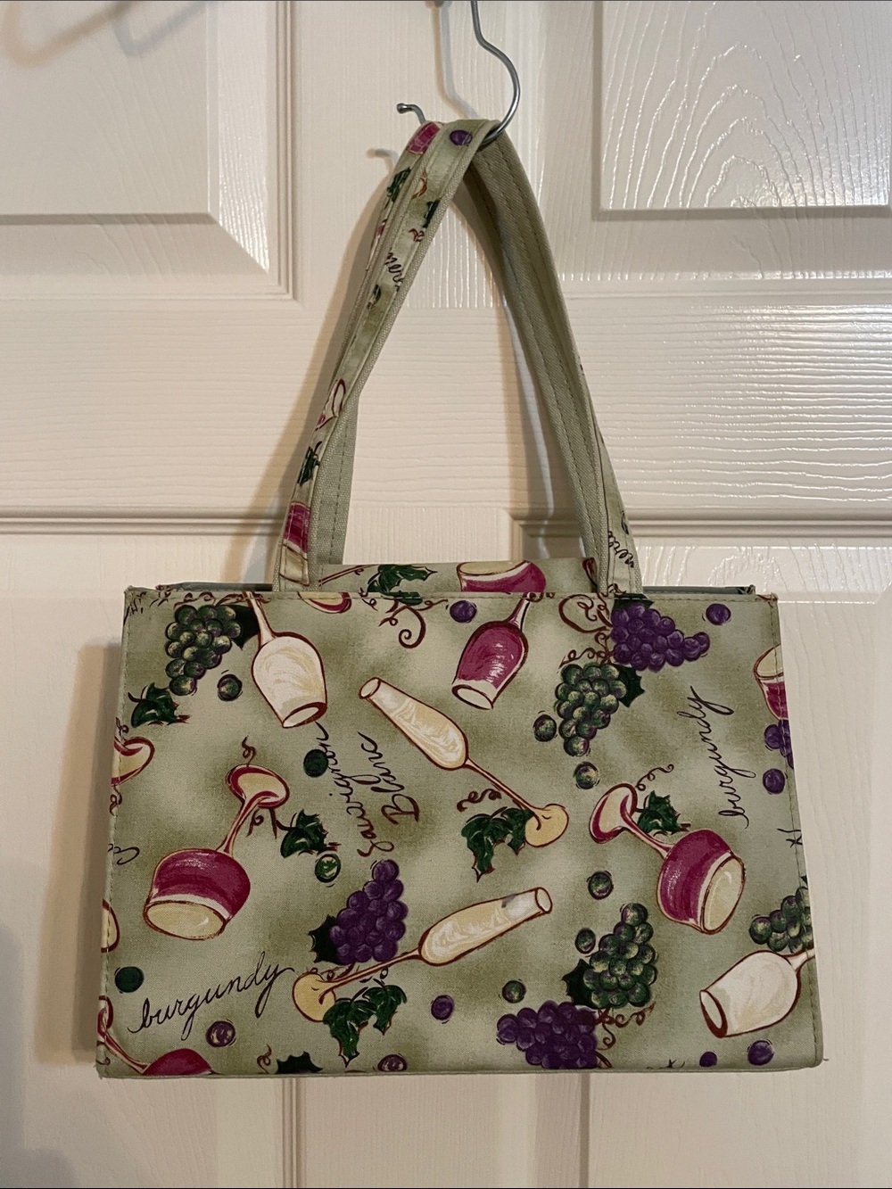 Green Mini Tote Bag with Burgundy Wine & Grape Print